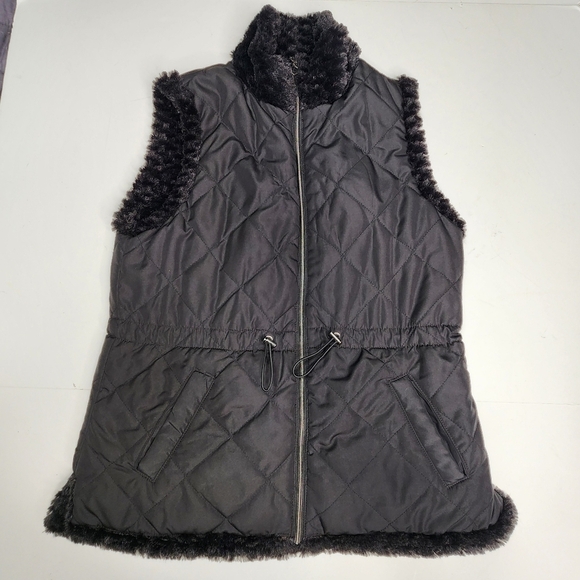 Casual Identity Vest Womens M Reversible Full Zip Black Faux Fur Quilted Pockets - Picture 4 of 10